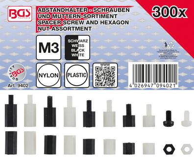 BGS-9402 | Abstandhalter-Schrauben und Sechskant-Muttern-Sortiment | Nylon | 300-tlg