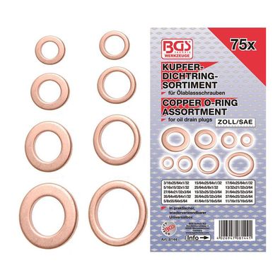 BGS-8144 | Kupfer-Dichtringsortiment, in Zollgrößen, für Öl-Ablassschrauben, 75-tlg