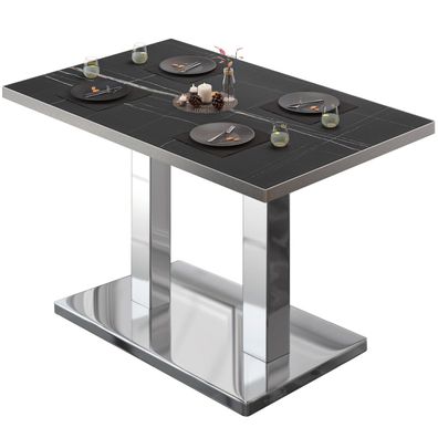 BM | Bistrotisch | B: : 130 x 80 x 75 cm | Schwarz Marmor / Edelstahl | Rechteckig