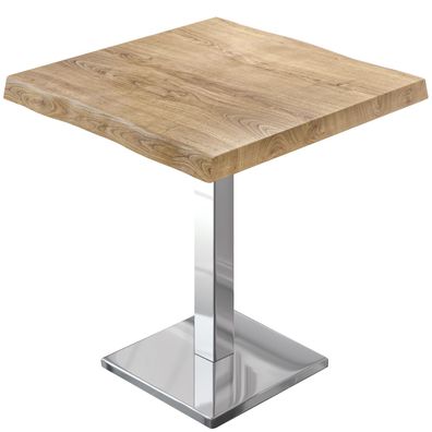 PMD | Bistro Baumkanten Tisch | Quadratisch | 70 x 70 x 77 cm | Eiche / Edelstahl |