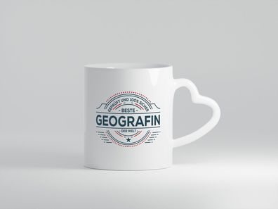 Geprüft und sicher: Geografin | Geografie - Herz Tasse Weiß