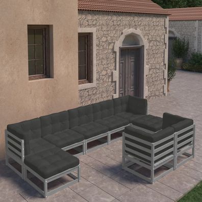 vidaXL 9-tlg. Garten-Lounge-Set mit Kissen Grau Massivholz Kiefer