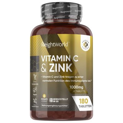 Vitamin C & Zink Tabletten - 6 Monate Vorrat - 1000mg Vitamin C pro Tablette