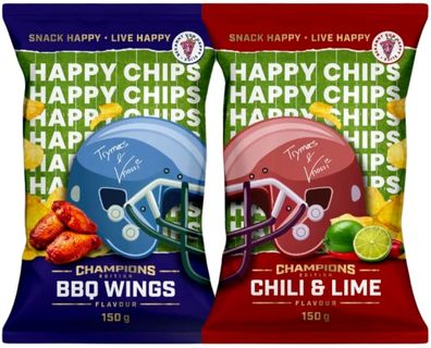 Happy Chips by Knossi, Champions Edition, Chilli & Lime, BBQ Wings, á 150g