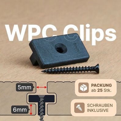 WPC Clips Befestigung Terrasssendiele Klammern Montageclips (Fuge 5mm, Höhe 6mm)