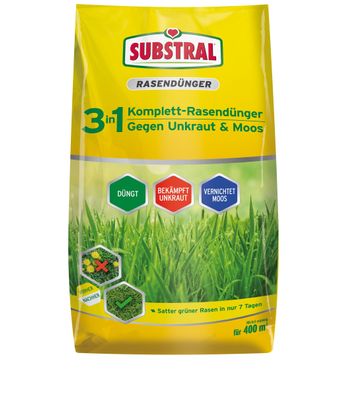 SUBSTRAL® 3in1 Komplett Rasendünger gegen Unkraut & Moos, 14 kg für 400 m²