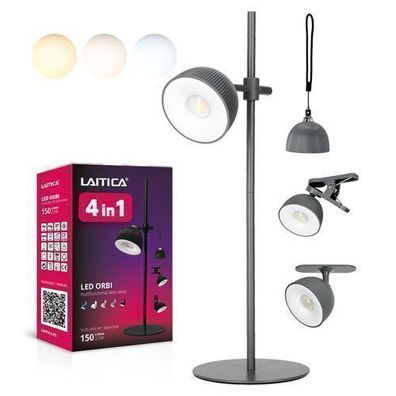 Laitica LED ORBI 2.5W Schreibtischlampe Grau, USB-Ladestation, DREI Lichtfarben