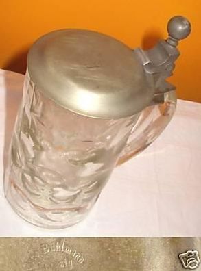 schöner Glas Bier Krug mit Metalldeckel 24 um 1920
