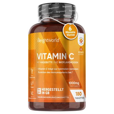 Vitamin C 1000mg pro Tablette - Haut, Immunsystem - 180 vegane Tabletten für 6 Monate