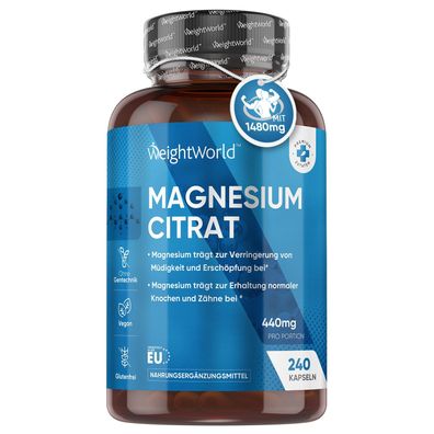 Magnesiumcitrat - 240 vegane Kapseln - 1480mg Magnesium Citrate mit 440mg elementares