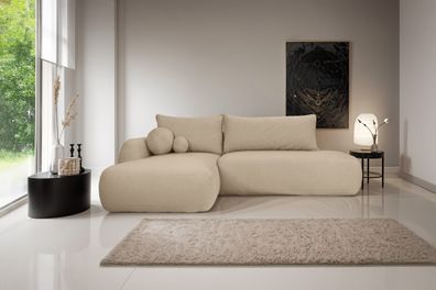 Ecksofa Fabo mit Schlaffunktion und Bettzeugcontainer, Stoff Quelle Beige Links