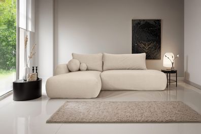 Ecksofa Fabo mit Schlaffunktion und Bettzeugcontainer, Stoff Quelle Hellbeige Links