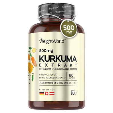 Kurkuma Extrakt Kapseln - 500mg Curcuma Extrakt - 180 Stück für 6 Monate- WeightWorld