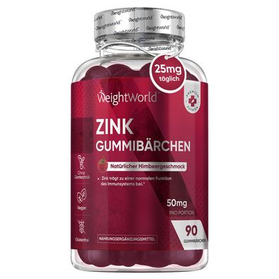 Zink 25mg - Gummibärchen für Immunsystem - 90 Vegan Zinkcitrat Gummies - WeightWorld