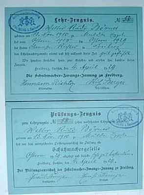 Lehrbrief Schuhmacher Zwangs Innung zu Freiberg 1929