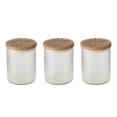 3tlg. Vorratsglas BOHO klar Glasdose mit Holzdeckel - 3x Gerilltes GLAS