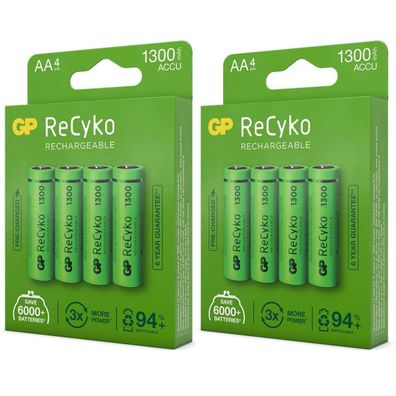 8x GP ReCyko AA-Akku NiMH 1300mAh Mignon LR06 LR6 1,2V AA Akku Accu Batterie