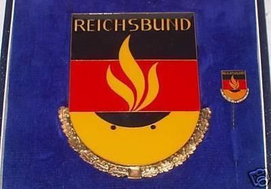 emaillierte Reichsbund- Plakette + Abzeichen im Etui