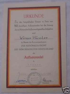 DDR Urkunde Aufbaunadel Nationale Front in Bronze 1957