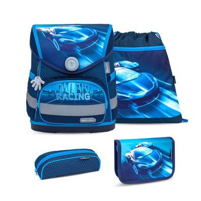 Belmil Compact ergonomisches Schulranzen-Set 4-teilig "Racing Blue Neon" mit Brust