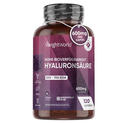 Hyaluron Kapseln - 600mg pro Kapsel - 120 vegane Hyaluronsäure Kapseln - WeightWorld