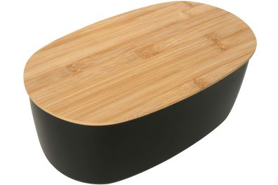 Brot Aufbewahrungsbox Kunstoff oval schwarz mit Bambus Schneidebrett 35 cm