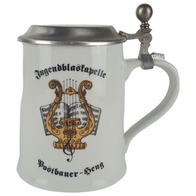 Dr. Merkle Atelier Bierkrug Zinndeckel Porzellan mit Motiv H 15,8 cm