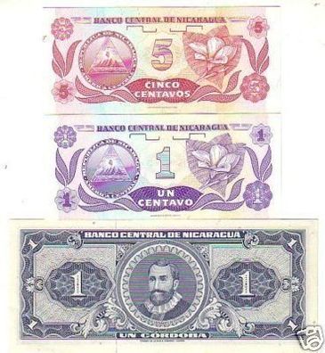3 Banknoten Nicaragua ab 1968 kassenfrisch