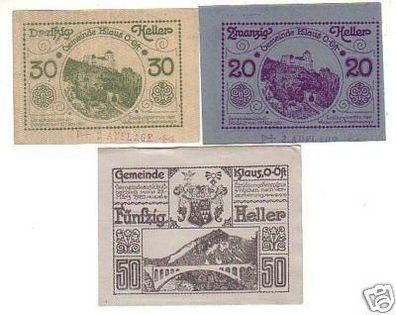 3 Banknoten Notgeld der Gemeinde Klaus O.Ö. 1920