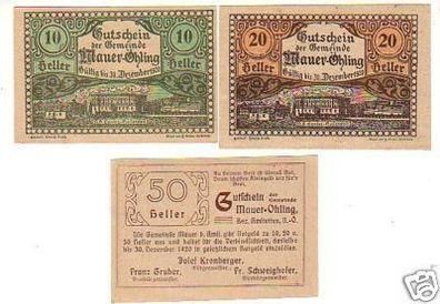 3 Banknoten Notgeld der Gemeinde Mauer Öhling 1920