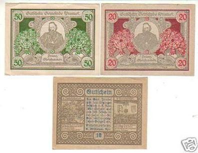 3 Banknoten Notgeld der Gemeinde Pramet 1920