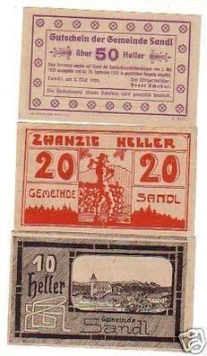 3 Banknoten Notgeld der Gemeinde Sandl 1920