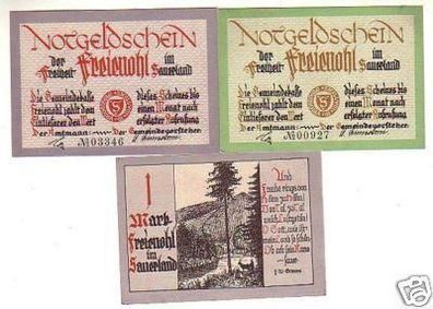 3 Banknoten Notgeld der Stadt Freienohl 1921