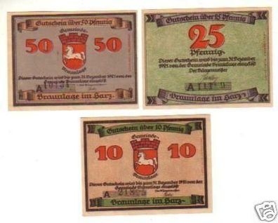 3 Banknoten Notgeld Stadt Braunlage 1921
