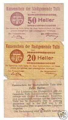 3 Banknoten Notgeld Stadtgemeinde Tulln Österreich 1920