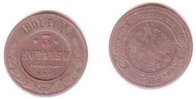 3 Kopeken Kupfer Münze Russland 1901