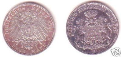 3 Mark Silber Münze Freie und Hansestadt Hamburg 1911 J
