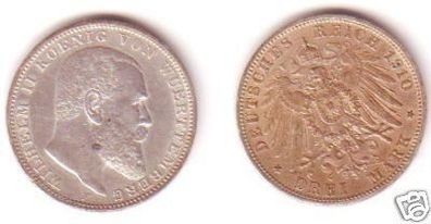 3 Mark Silber Münze Württemberg König Wilhelm II 1910