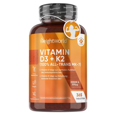 Vitamin D3 K2 2000 IE - 2 Jahr Vorrat - 365 Tabletten mit Vit K2 - WeightWorld