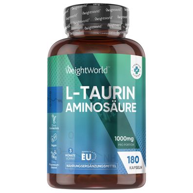 L Taurin Kapseln - 1000mg pro Tag - 180 vegane Kapseln - Für 3 Monate - WeightWorld