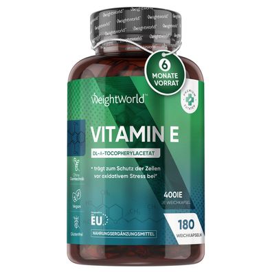 Vitamin E Weichkapseln 400IE - 180 Vegane Softgels - 6 Monate Vorrat- WeightWorld