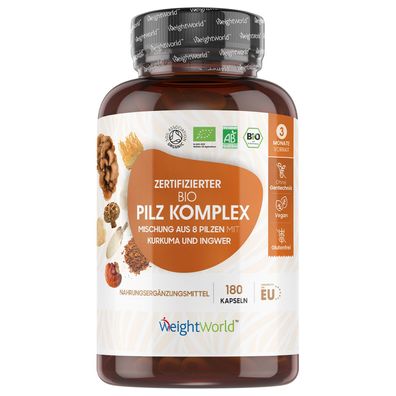 BIO Pilz Komplex mit 8 Pilzsorten - 180 Kapseln- 1000mg mit Löwenmähne Pilz, Reishi,