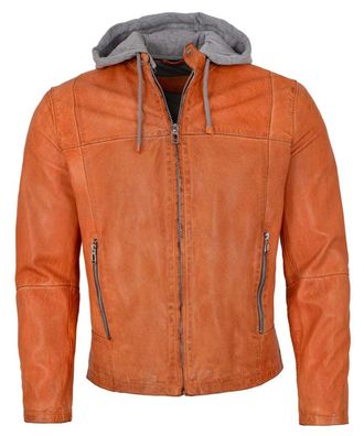 Milestone - Herren Lederjacke Lammnappa Kapuze orange