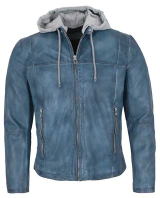 Milestone - Herren Lederjacke Lammnappa Kapuze blau