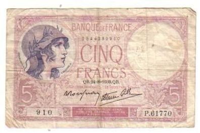 Banknote 5 Franc Frankreich 1939