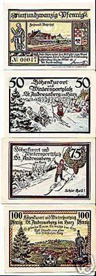 4 Banknoten Notgeld Stadt St. Andreasberg am Harz 1921