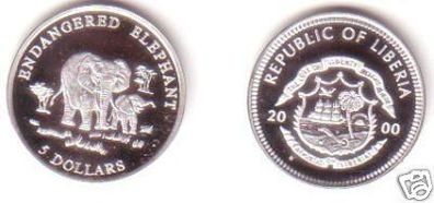 5 Dollar Silber Münze Liberia 2000 Elefantengruppe