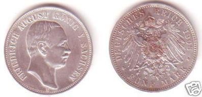 5 Mark Silber Münze Sachsen König Friedrich August 1908