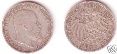 5 Mark Silber Münze Württemberg König Wilhelm II 1895