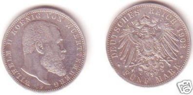 5 Mark Silber Münze Württemberg König Wilhelm II 1902